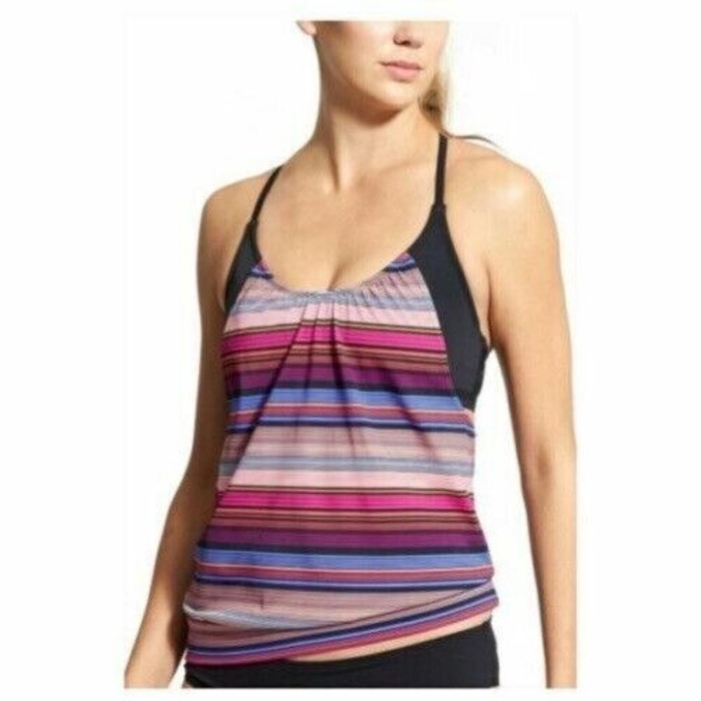 Athleta Capri Stripe Blousy Tankini Top Colorful Swim 34 D/DD Lycra Adjustable